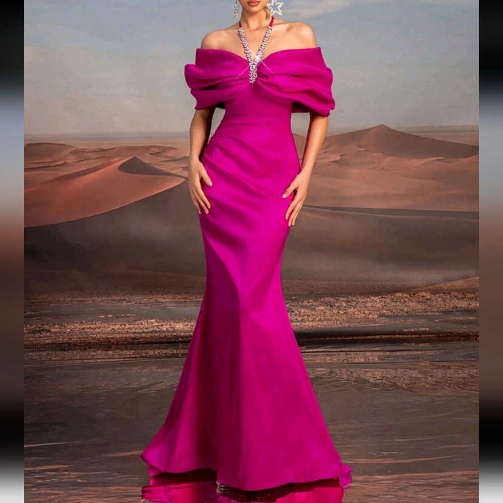 Elegant Purple Necklace Chain, Exaggerated Bow,Off-Shoulder,Bustier,High Waist - Picture 4 of 5